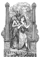 Swarthy devil figure putting his hands on a sexy young female who is wearing a Masonic apron and sash.